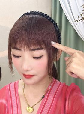 高档真发丝片女自发然前额发箍刘海假体遮白一发蓬松黑色水钻头顶