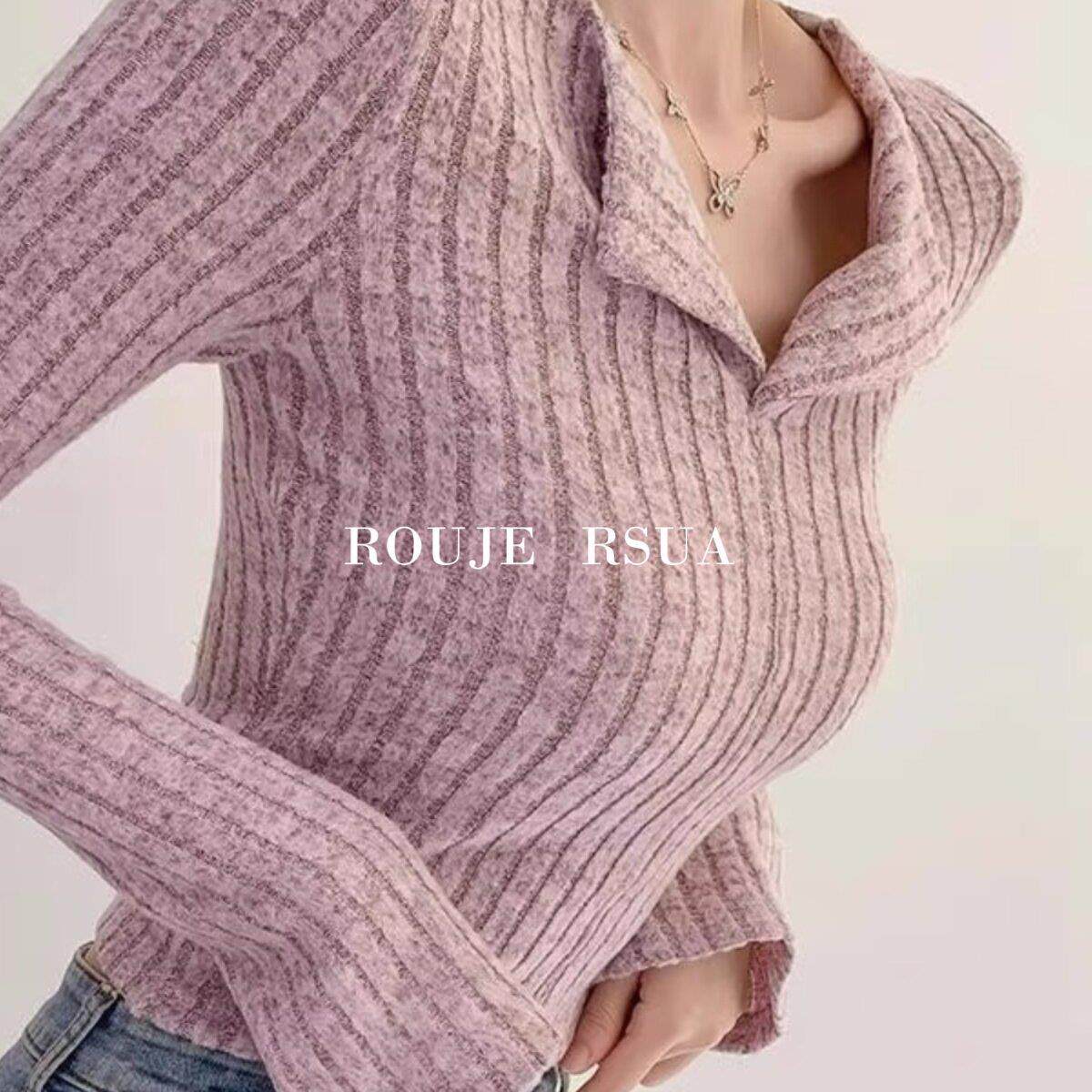 ROUJE RSUA法式女春秋修身V领毛衣打底上衣翻领软糯长袖针织衫