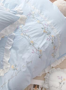 高档n网红全i棉水洗s棉四件套少公女心主风床单纯棉蓝色床上用品