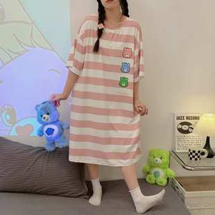 宽松胖M200斤卡通条纹孕妇连衣裙家居服 新款 加大码 睡裙女夏季 短袖