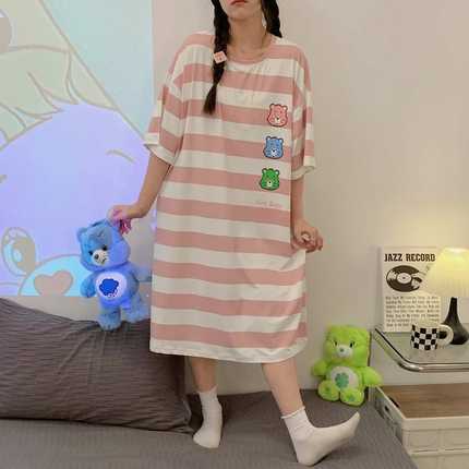 新款加大码睡裙女夏季短袖宽松胖M200斤卡通条纹孕妇连衣裙家居服