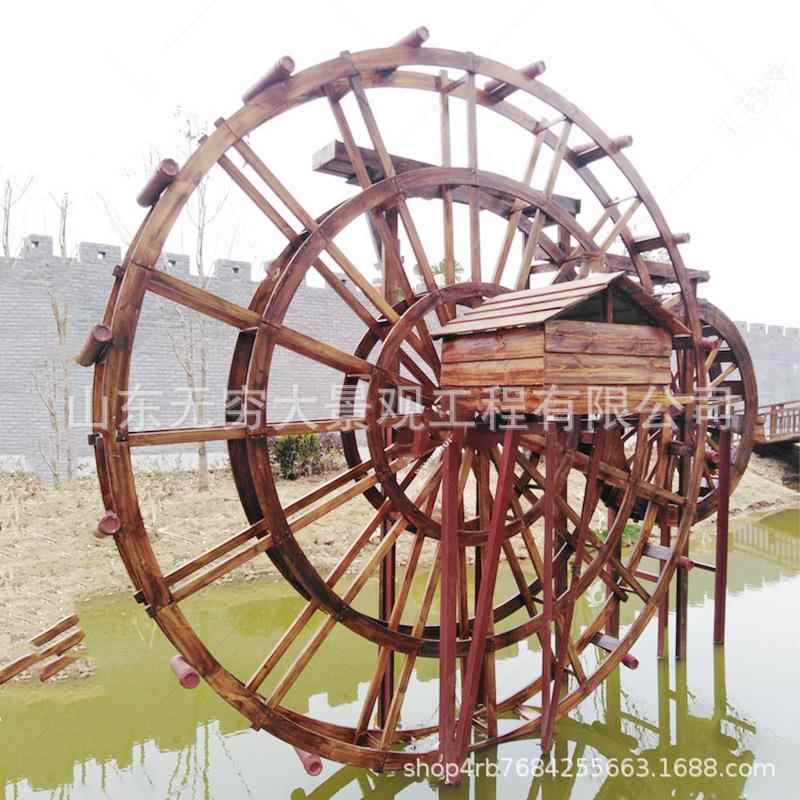 厂家制作大型钢木结构复古电动水车 景区园林防腐木脚踏传统摆件