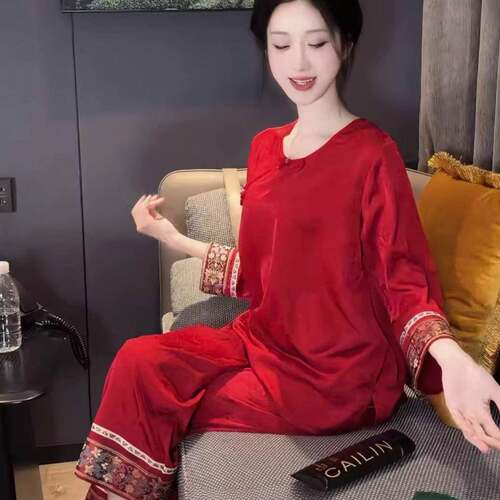 睡衣冰女款春秋季红色国风新中式刺绣本命年结婚长袖家居服1005d