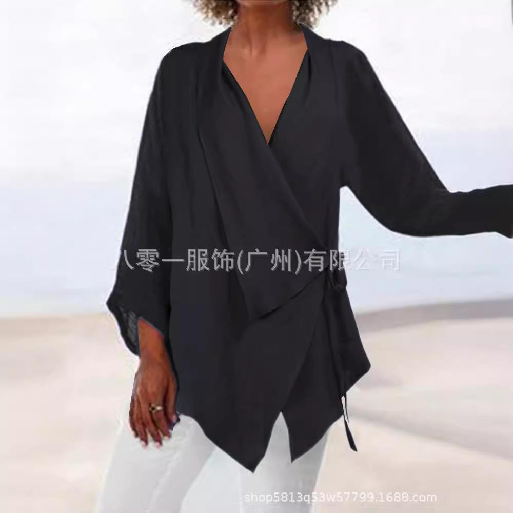 top and Solid irregular womens hem lace-up color cotton