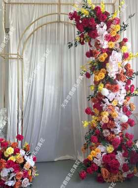 新款婚礼宴会厅布景道具仿真花花艺餐桌牛角架背景240+50cm拱门