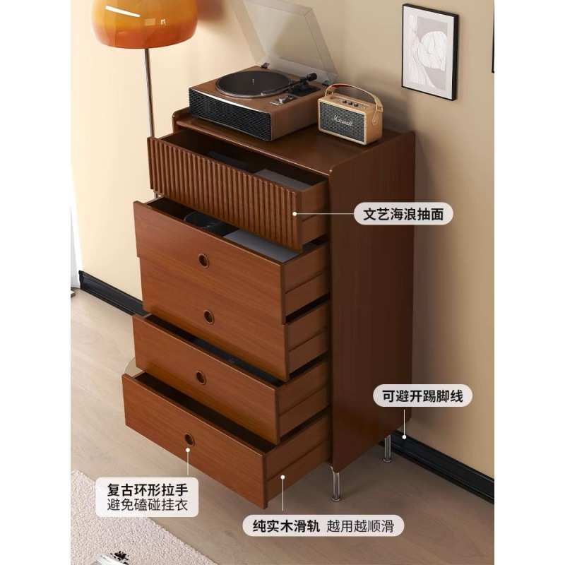 现代简约卧室收纳抽屉柜北欧实木复古五斗柜客厅电视柜中古风边柜