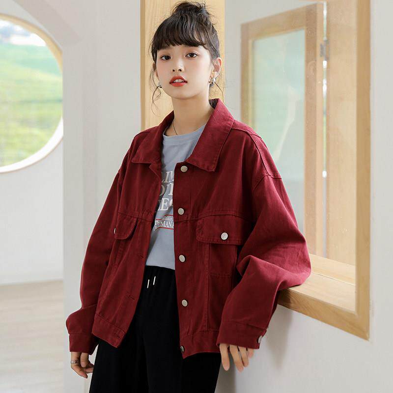 Claudie Pasey红色牛仔短外套女别致感日系秋季宽松工装开衫上衣