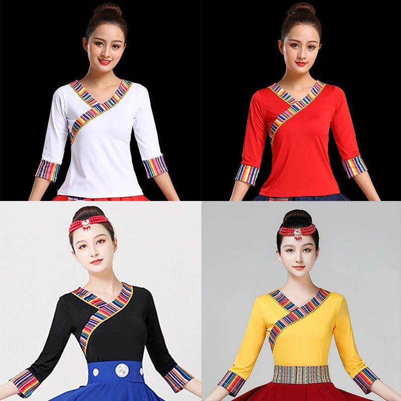 藏族舞蹈演出服装女成人中袖上衣民族风蒙古广场舞藏式跳舞长短袖