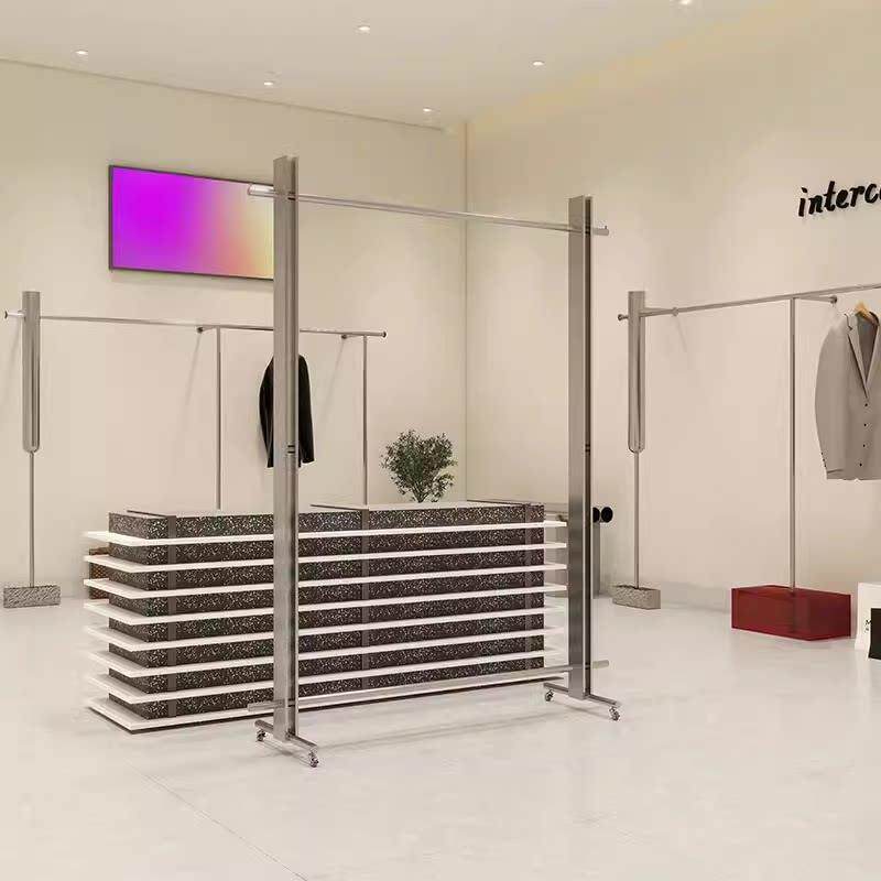 服装店展示架中岛架不锈钢落地式挂衣架男女装店专用侧挂陈列架子