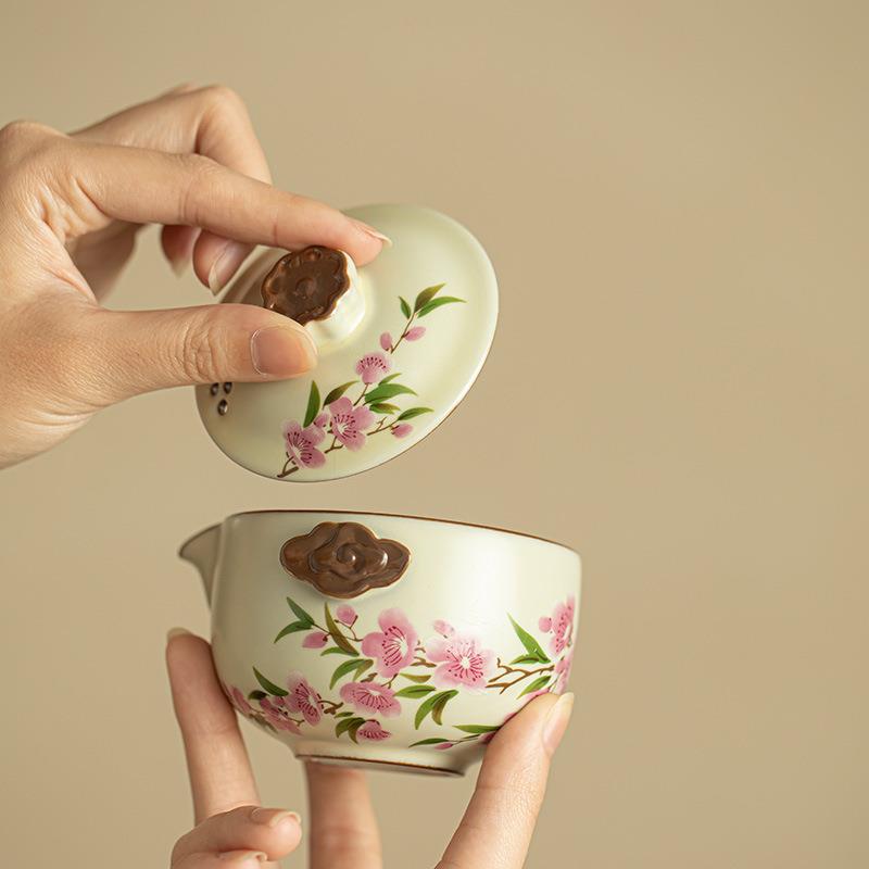 景德镇汝窑红梅祥云茶壶茶杯旅行套装一壶三杯陶瓷茶具户外便携装