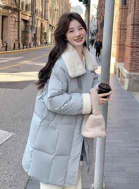 设羊毛羔领蓝色中长款羽c129-995绒服女冬季新款计感小温柔风众爆