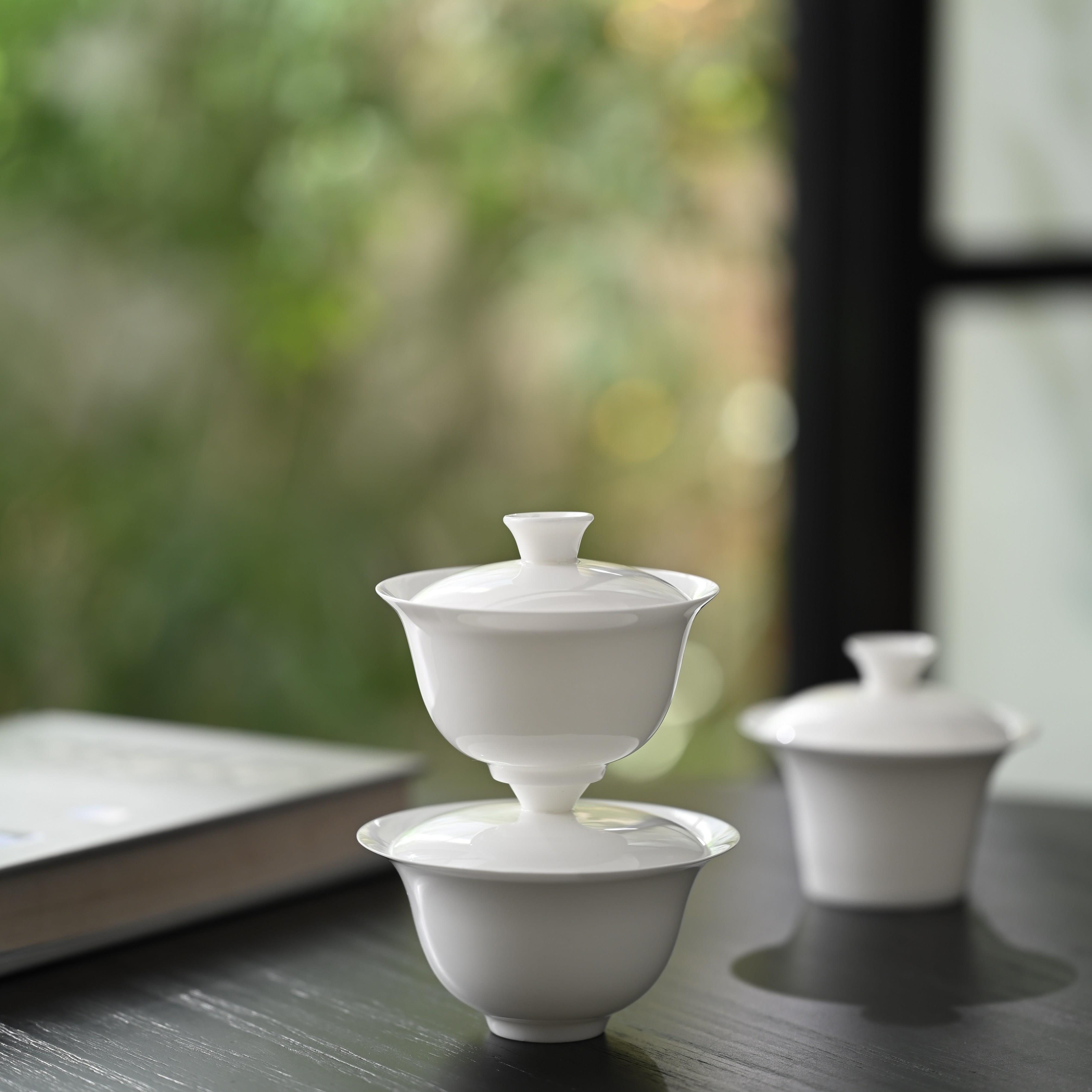 潮州薄胎骨瓷茶具 三才盖碗大容量泡茶器 纯白盖碗 白瓷茶器茶杯