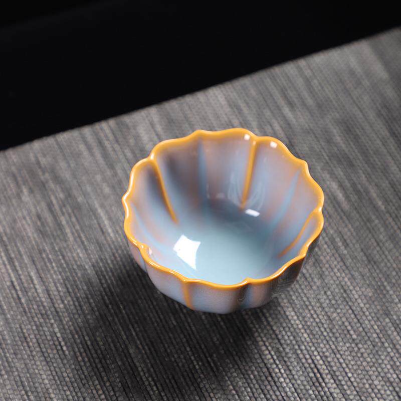 德化陶瓷【单茶杯满100ml亮光】精工汝窑 古韵秋霞 葵口杯 大容量