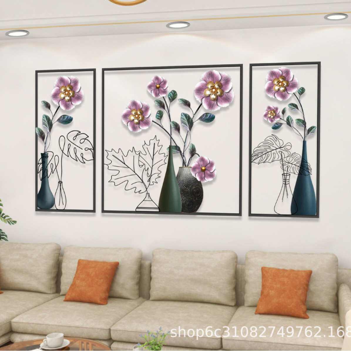 中式金属工艺壁饰奢装饰画挂件墙面花朵客厅轻三联时尚艺新镂空铁