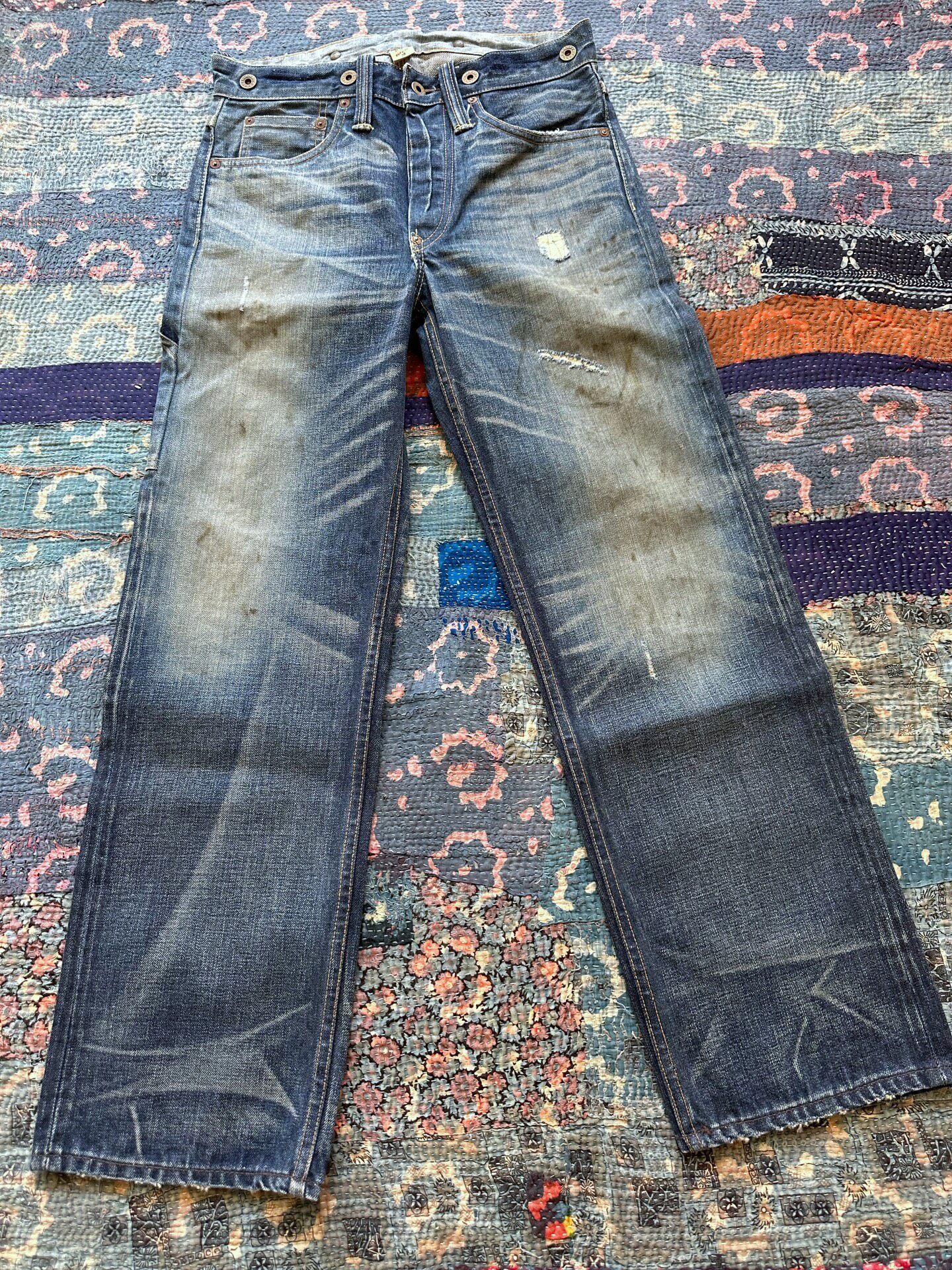 RRL Blue Distressed Washed Denim Pants