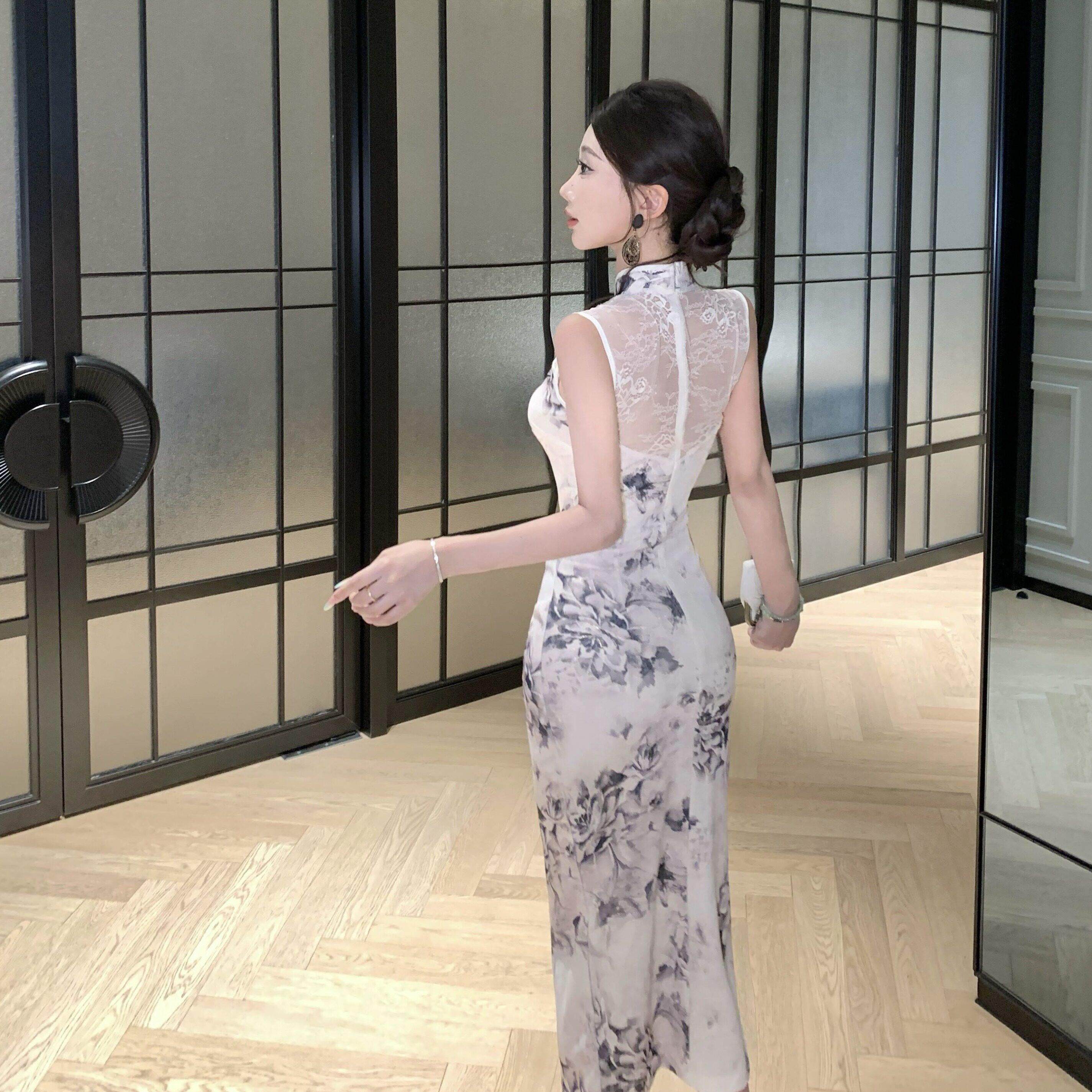直播女主播服装夏季新中式国风年轻款改良旗袍性感蕾丝拼接连衣裙