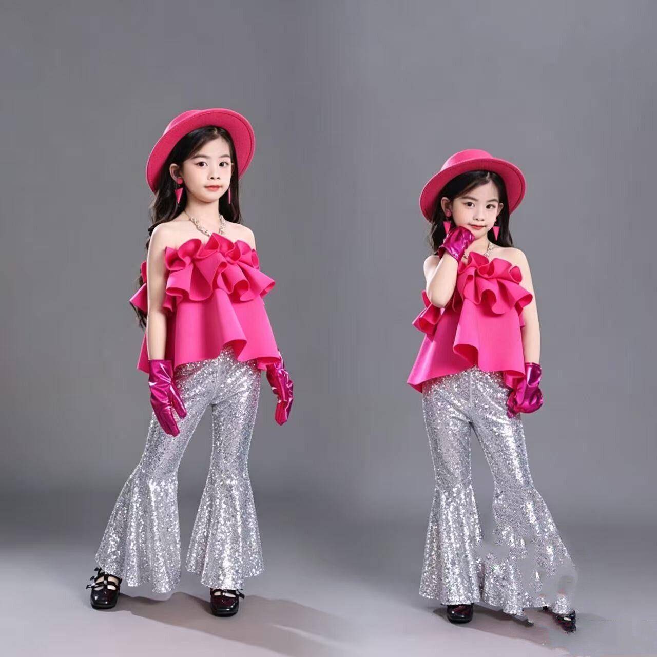 儿童复古港风8090年代演出服装女孩怀旧走秀芭比粉多巴胺演出服新图片