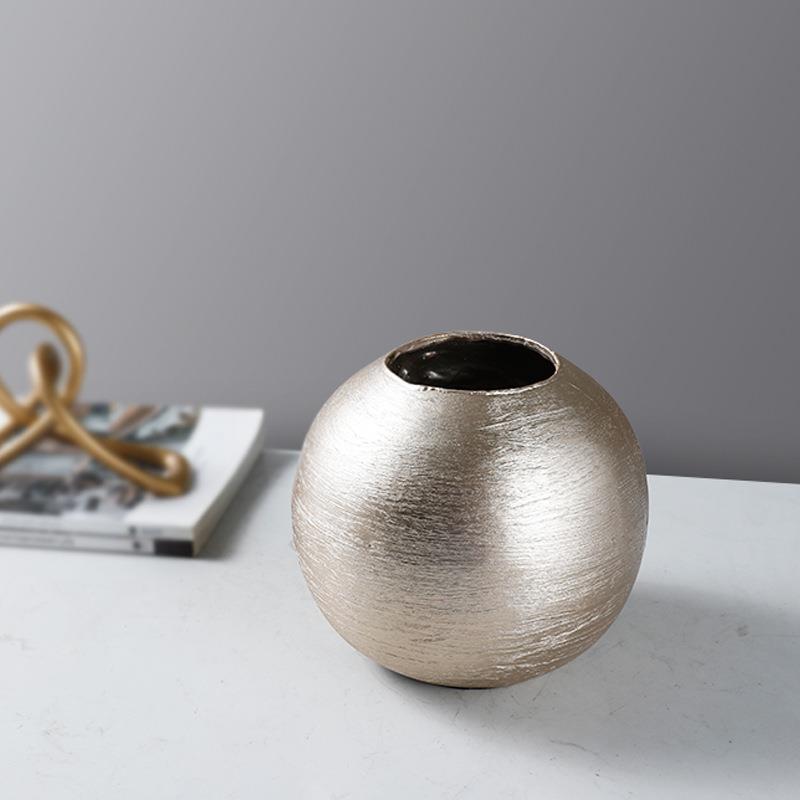 现代简约 拉丝轻奢圆形树脂花瓶干花插花器北欧家居客厅软装摆件