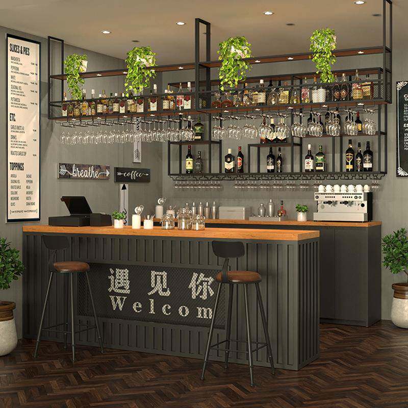 新款直销铁艺实木收银台酒吧餐厅咖啡厅吧台服装奶茶店带灯柜台前