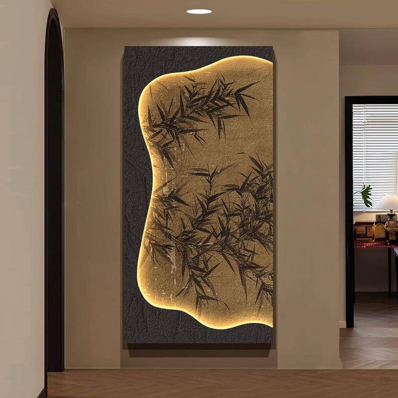 中古风带灯玄关装饰画法式复古入户门走廊过道挂画高级感竹子壁画图片