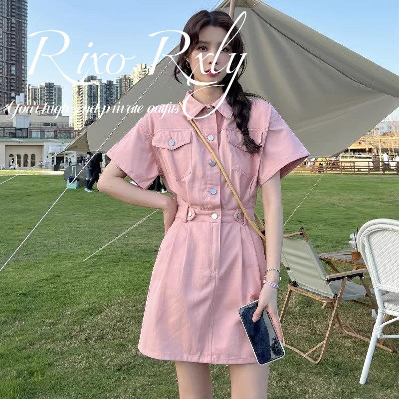 RIXO RXLY粉色POLO领牛仔短袖洋装女夏季小众设计感显瘦工装裙