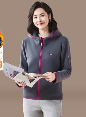 加厚加绒外套女84509秋冬时尚面奥粒绒长运袖卫衣连动帽休闲上衣