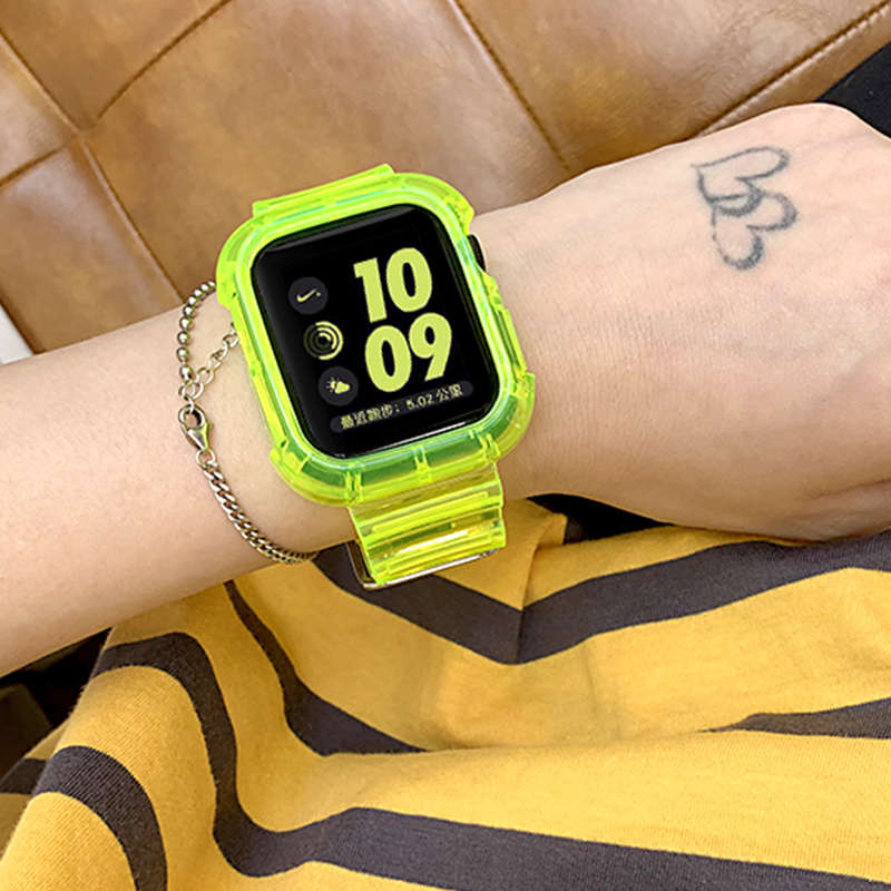 适用苹果荧光tpu透明applewatch6女夏天se7ss新款冰川iwatch8表带