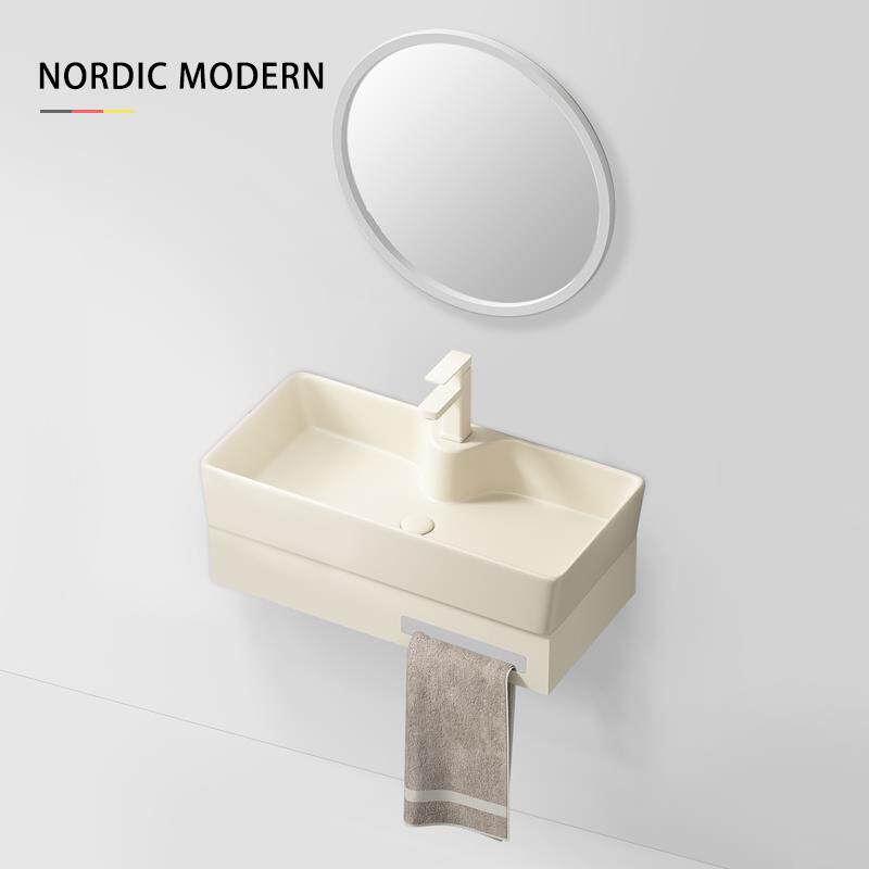 奶油色洗手盆挂墙式阳台卫生间一体陶瓷洗脸盆小户型不锈钢洗漱台