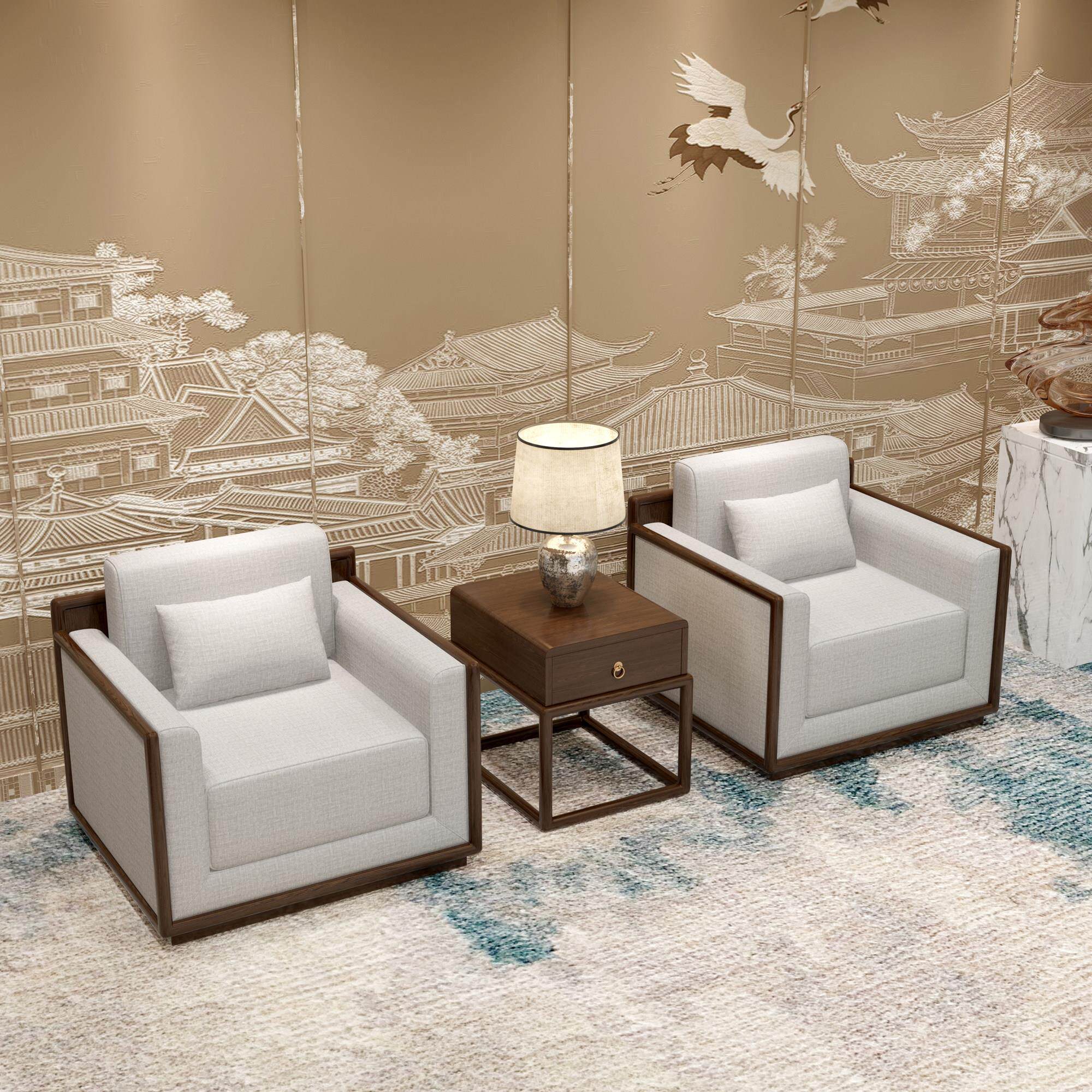 新中式实木单人会议沙发贵宾接待室办公会客区现代简约商务洽谈椅