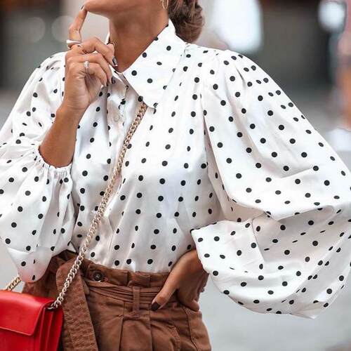 Collar polka dot lantern sleeve shirt for women, long