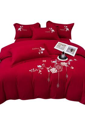水洗棉四件套床上用品婚庆大红色被套床单家用双人床4件套轻奢风