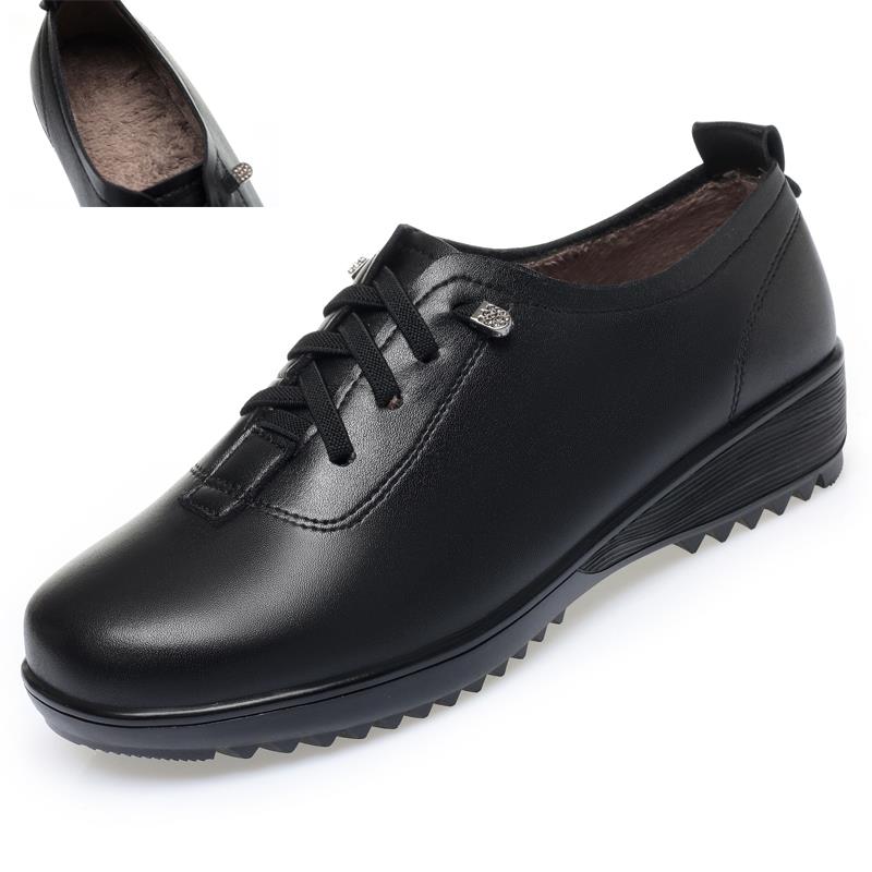 正品全牛皮真皮单女平底软年底跟春秋新款中低老妈妈鞋皮鞋大码女