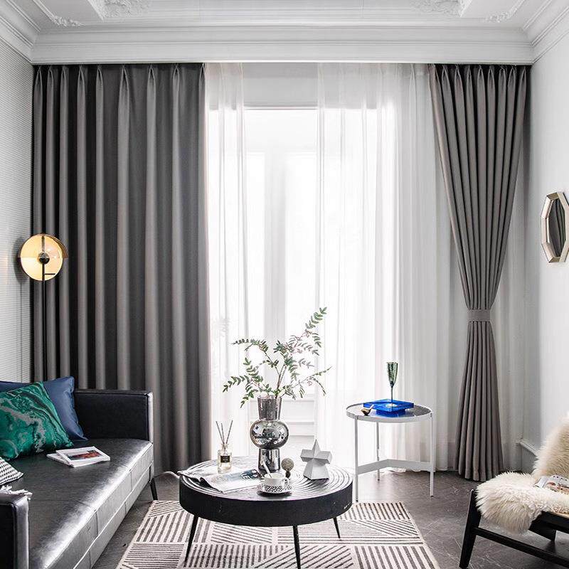 2021年新款加厚双面麻简约纯色布拼接成品窗帘全遮光卧室奢华灰色