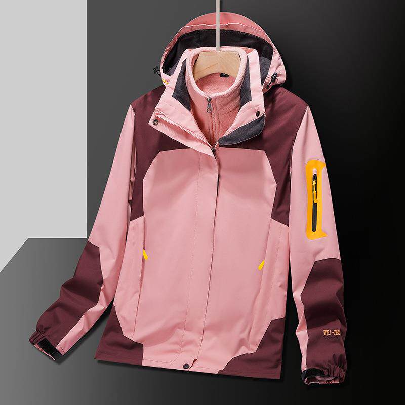 直销新款新款情侣冲锋衣女三合一两件套户外滑雪服骑行服男团购印