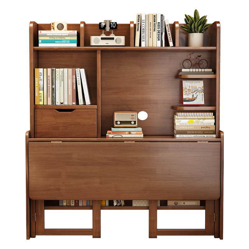 折叠书桌实木可伸缩儿童学习桌带书架家用卧室电脑桌小户型办公桌