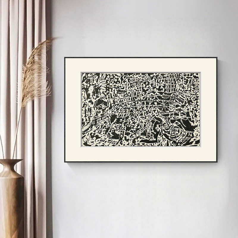 现代样板房办公室书房装饰画餐厅抽象挂画黑白线条玄关入户艺术画
