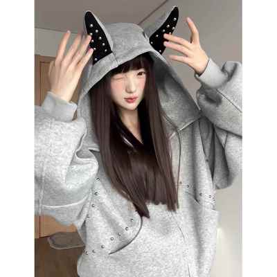 美式铆钉杜宾犬耳朵连帽卫衣女秋季宽松甜酷风设计感短款开衫外套