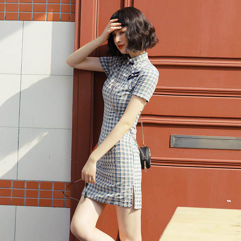 2025年夏季格子旗袍年轻款少女改良素雅复古连衣裙小个子短款女装