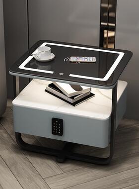 0J智能床头柜实木简约现代无线充电意式极简铁艺岩板整装卧室床边