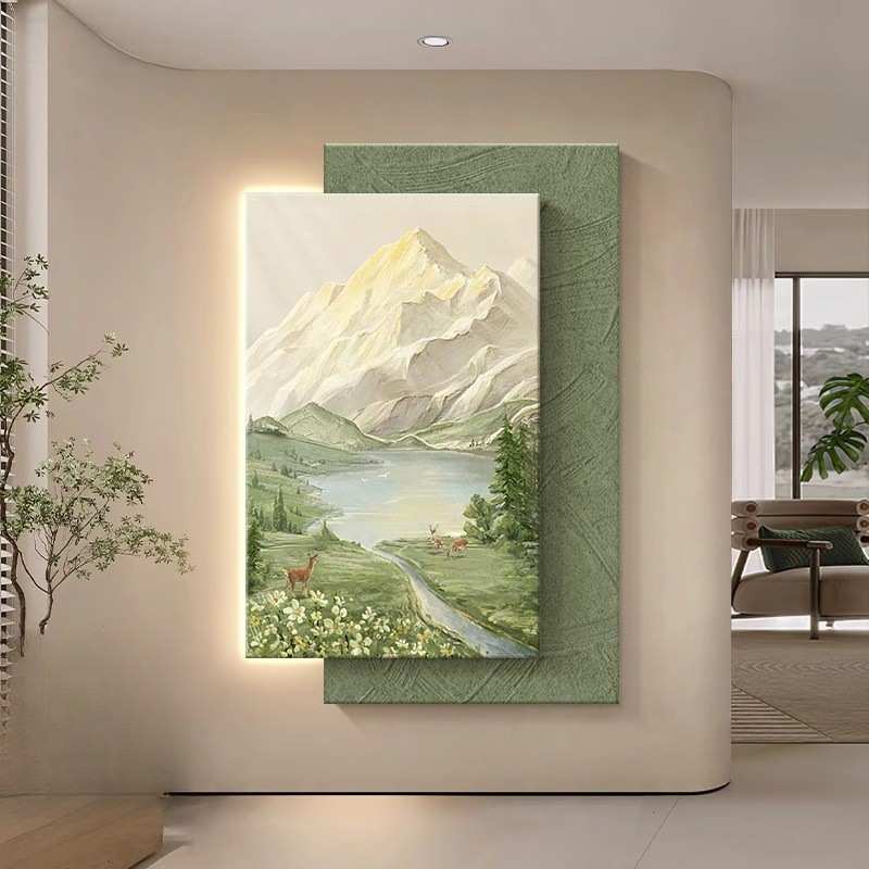 日照金山玄关装饰画奶油风走廊尽头挂画立体山水聚宝盆客厅壁画