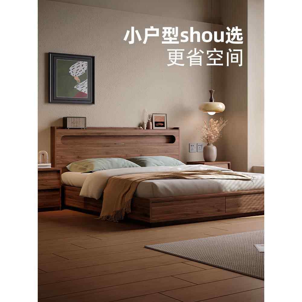 全实木橡木高箱床卧室家用小户型中古风气压储物床主卧婚床双人床