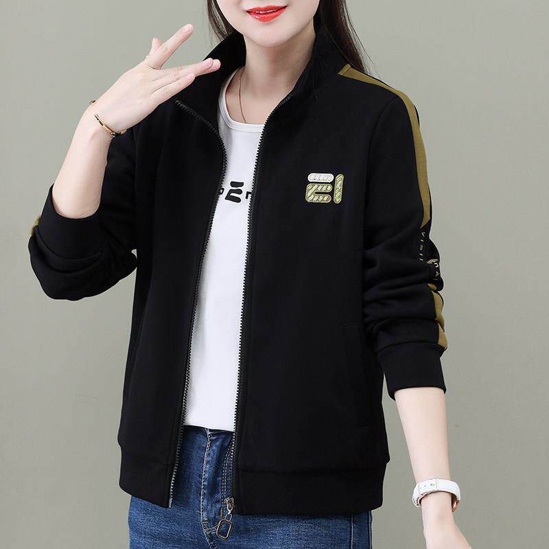韩系拉炼开衫厚棉T女春秋2025年新款女装黑色上衣秋冬加绒女士外