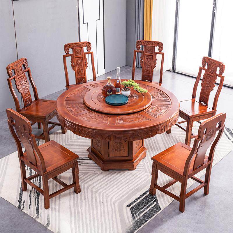 全实木餐桌椅组合橡木中式雕花圆桌大坪数圆形带转盘家用吃饭桌子