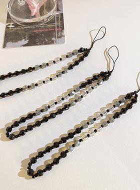 复古黑色透灰手机链条珠珠挂饰ccd挂链通用手机壳diy手机挂绳便捷