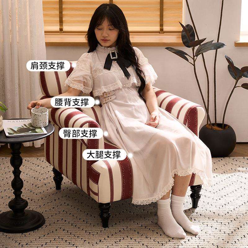 法式复古棉麻布艺单人沙发家用客厅咖啡店公寓老虎椅实木实木框架