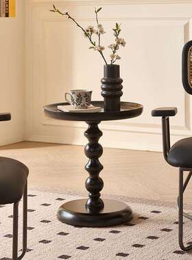 北欧黑色实木小边几圆形中古实木小茶几现代简约小桌子置物架杯几