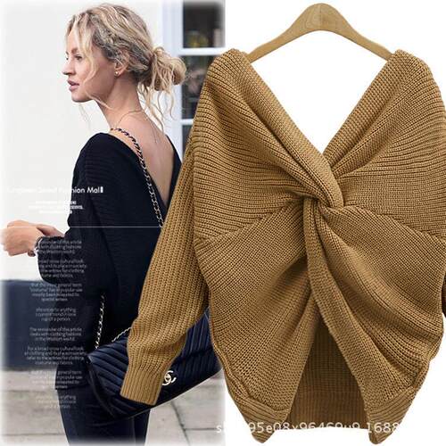 Large size women's collar backless long sleeved knitted