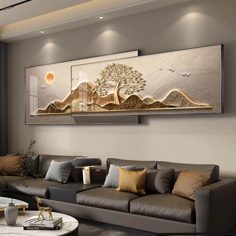 轻奢客厅装饰画大气背有靠山新中式沙发背景墙壁画寓意好福鹿挂画