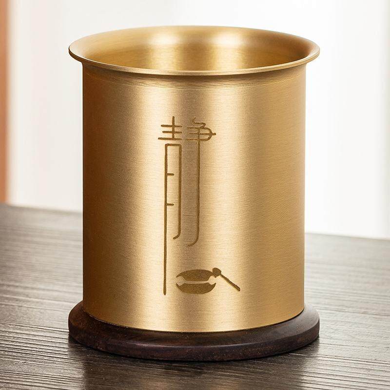黄铜茶筒笔筒茶道六君子单筒收纳筒罐子茶具配件茶桌书桌摆件