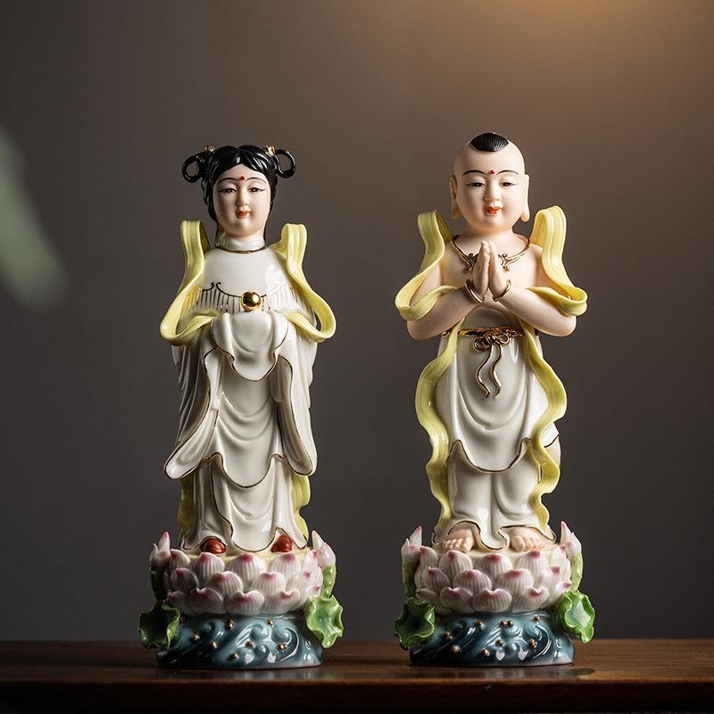 陶瓷善财童子龙女金童玉女观音菩萨像佛像侍奉家用居家供奉摆件